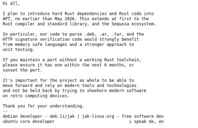 Инструмент управления пакетами APT для Debian получит зависимости от Rust (hard Rust dependencies) после мая 2026 года