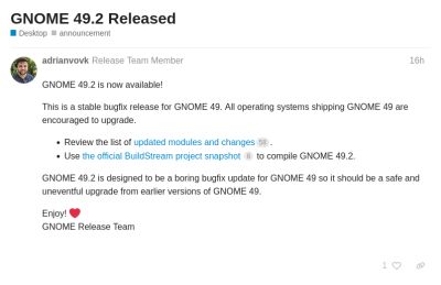 Релиз рабочего окружения GNOME 49.2