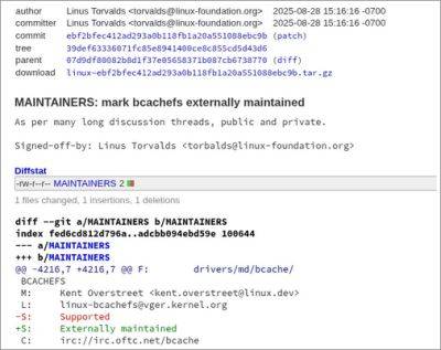 Линус Торвальдс перевёл Bcachefs в режим «внешнего сопровождения» (Externally maintained)